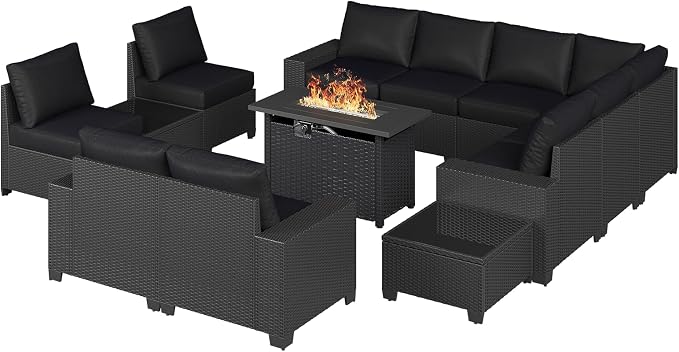 Aoxun Patio Furniture Sets with 44'' Fire Pit, 13 Pcs Outdoor Patio Coversation Set with 4in Thicken Cushion, Widen Armrests Wicker Outdoor Sectional for Backyard (Waterproof Cover Include)