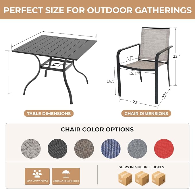 Anmutig 5 Piece Patio Dining Set, Outdoor Stackable Chairs and 35" Square Metal Patio Table with 1.57" Umbrella Hole for Garden Backyard Deck, Red