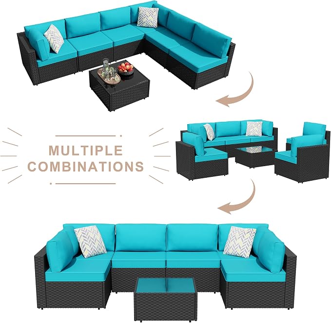 JAMFLY 7-Piece Outdoor Patio Furniture Set, Modular PE Rattan Sectional Sofa with Thick Cushions & Glass Coffee Table, Weather-Resistant Wicker Conversation Set for Poolside, Balcony, Garden, Blue