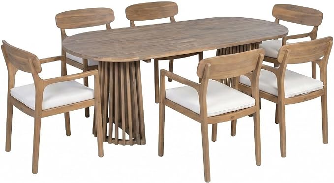 Christopher Knight Home Zoa Acacia Wood Dining Set for 6, Outdoor Dining Table with Dual Slatted Pedestal Bases, Outdoor Dining Chairs with Cushions, 7 Piece Patio Dinner Set, Beige/Light Teak/Brown