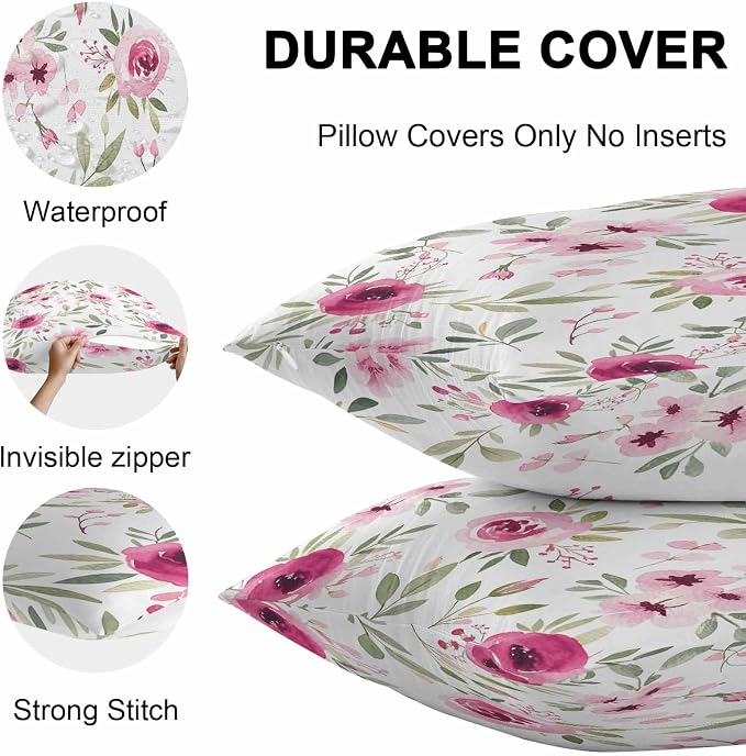 Vandarllin Outdoor Throw Pillows Covers 20x12 inch Set of 2 Waterproof Pink Flowers Decorative Zippered Cushion Covers for Patio Furniture, Floral Leaves Plant Lumbar Pillowcases