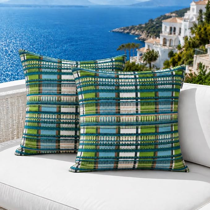 Indoor Outdoor Waterproof Throw Pillow Covers, Pack of 2 UV Fade Resistant Pillowcase Shell Cushion Sham for Garden Patio Tent Balcony Couch Sofa, 18 x 18 Inch (Bohemian Green)