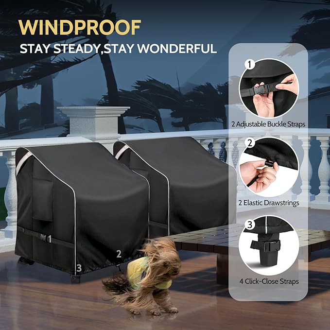 COSFLY Outdoor Patio Chair Covers Waterproof, Heavy-Duty UV-Resistant Furniture Covers, Adjustable Fit with Buckle Straps, Fits Chairs up to 26" W x 28" D x 33" H (2-Pack, Black)