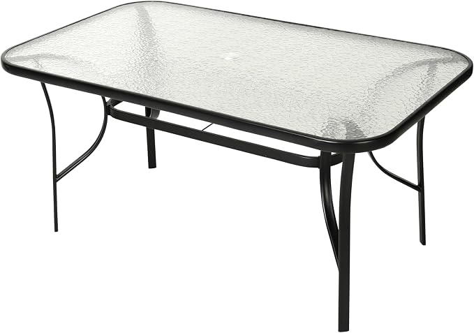 EMMA + OLIVER Bartlett 7-Piece Outdoor Dining Set, Patio Table with Tempered Glass Top and Umbrella Hole, 6 Flex Comfort Textilene Stack Chairs, 60", Brown/Black