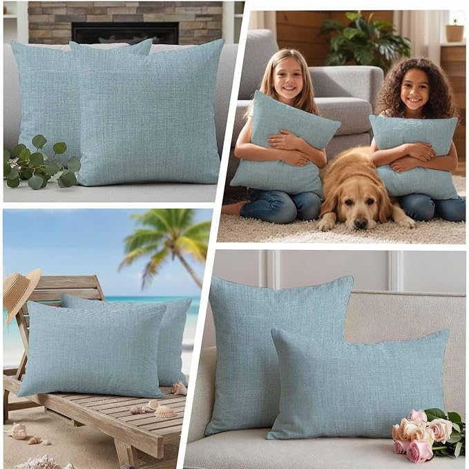 Outdoor Waterproof Throw Pillow Covers Set of 2 Blue Linen Lumbar Pillowcases 20x12 Inches Farmhouse Pure Color Decorative Pillows Cushion Case Patio Pillows for Couch Bed Chair Garden