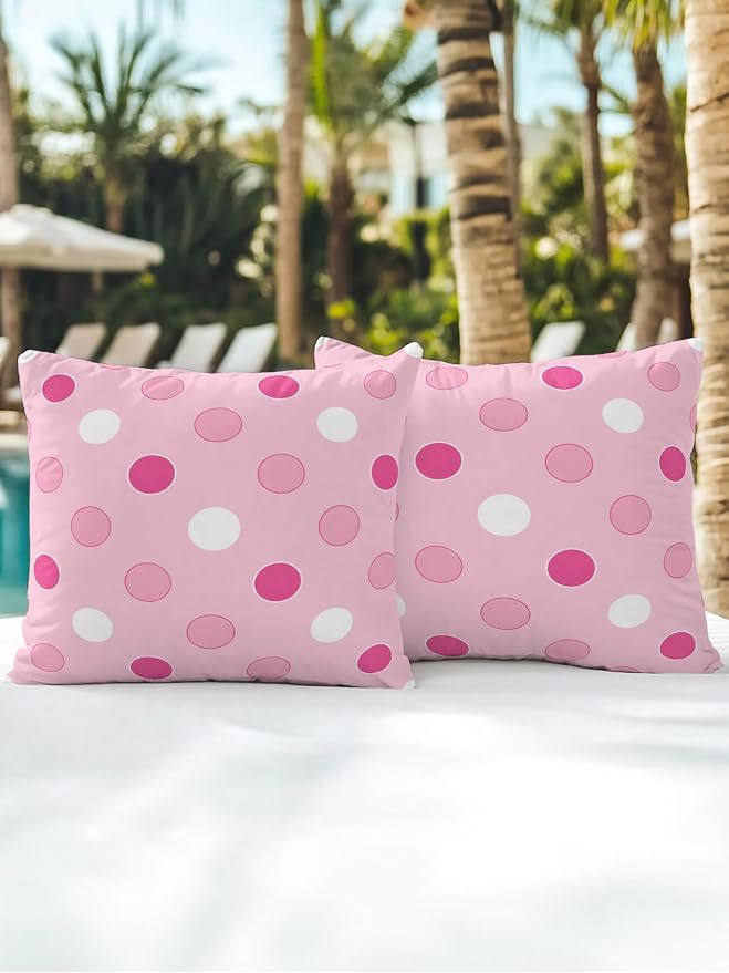 Waterproof Outdoor Pillow Set of 2 Pink Polka Dots Decorative Throw Pillows Cover & Insert 18x18 Inch Pillowcase Funny Circles Spots Square Pillows for Couch Sofa Bed Patio Furniture Indoor Outdoor