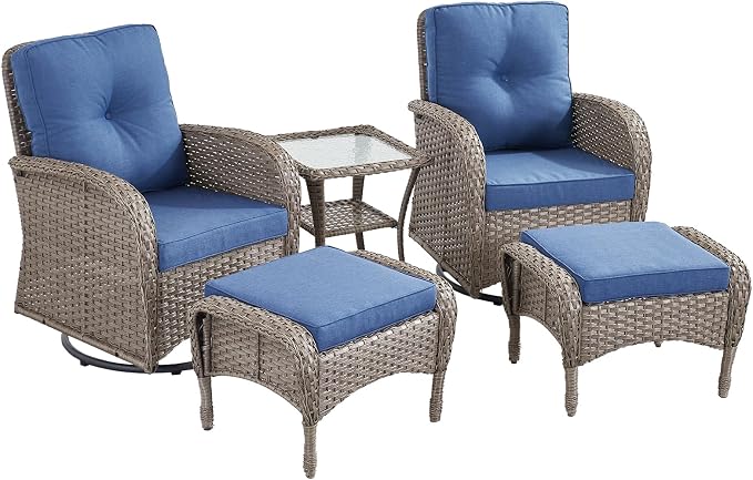 5 Pieces Outdoor Wicker Patio Furniture Set-High Back Outdoor Rocking Chairs Set of 2 with Ottoman Patio Conversation Sets for Deck Lawn Porch Balcony Poolside-Grey/Blue
