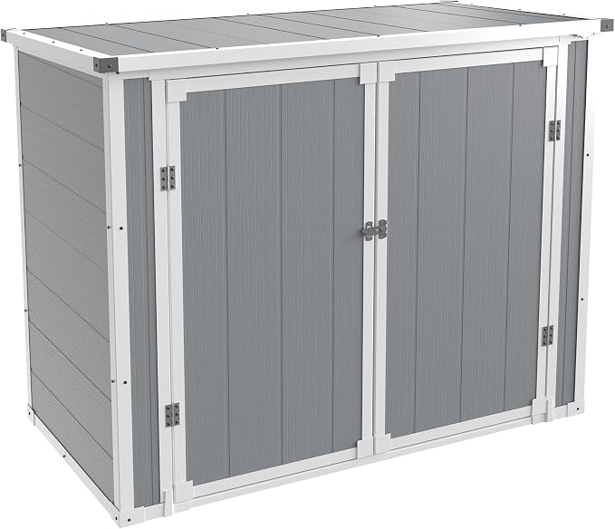 Storage Shed Outdoor Weatherproof Resin Storage Shed with Floor 41 Cu.Ft with Gas Spring, Lockable Doors for Trash Can Storage, Garden Tools, Suitable for patios, Poolside（Light Grey）