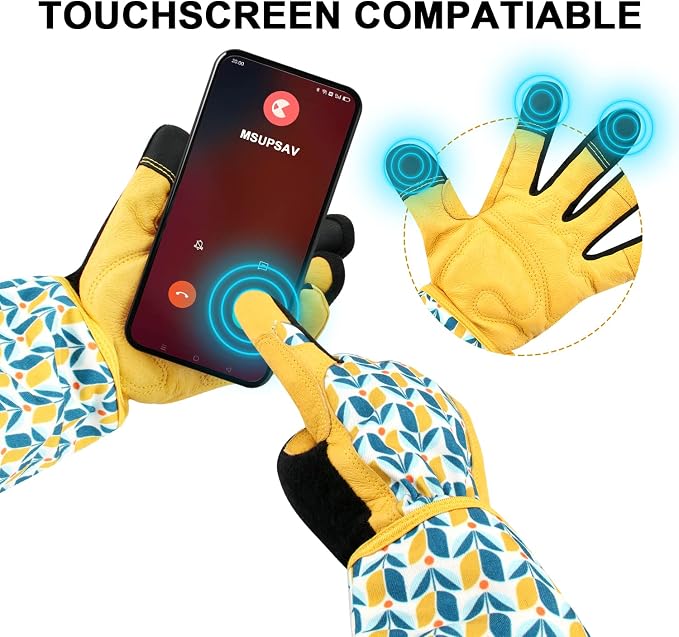 Thornproof Rose&Cactus Gardening Gloves,Gauntlet Garden Glove,Gifts | Canvas,Cute Floral Pattern,Leather Palm,Touchscreen,Durable Material,Garden Gift,Men&Women,Machine Washable,Adjustable Cuff
