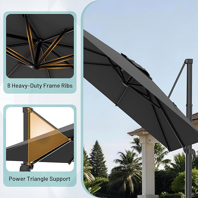 AreShark 8 X 8 FT Cantilever Patio Umbrella, 360-Degree Rotation Round Hanging Offset Umbrella with Crank, Heavy Duty Patio Umbrella for Patio, Pool, Garden, Deck, Grey