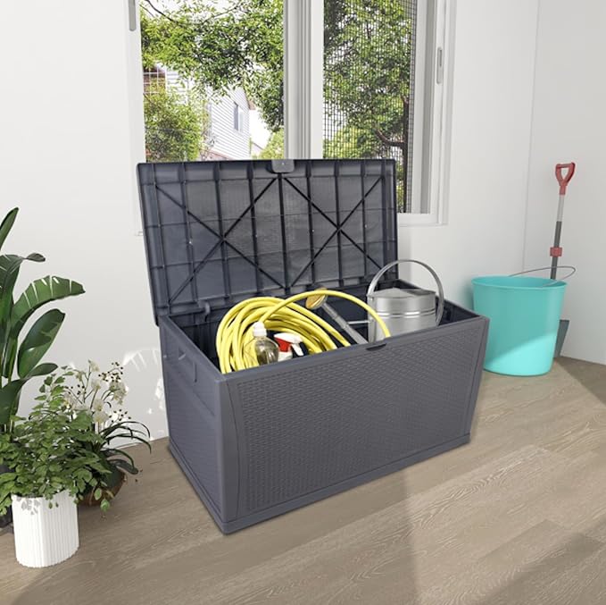120 Gallon Large Resin Deck Box, Outdoor Organization Storage Container, Garden Storage Chest Lockable Seat for Patio Furniture, Tools (Gray)