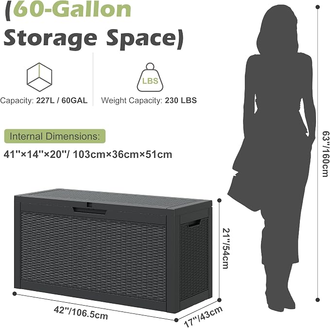 Outdoor Storage Box, 60 Gallon Resin Deck Boxes Outdoor Waterproof For Patio Furniture, Garden Tools, Pool Supplies, Lockable And UV Resistant (Rattan Black)