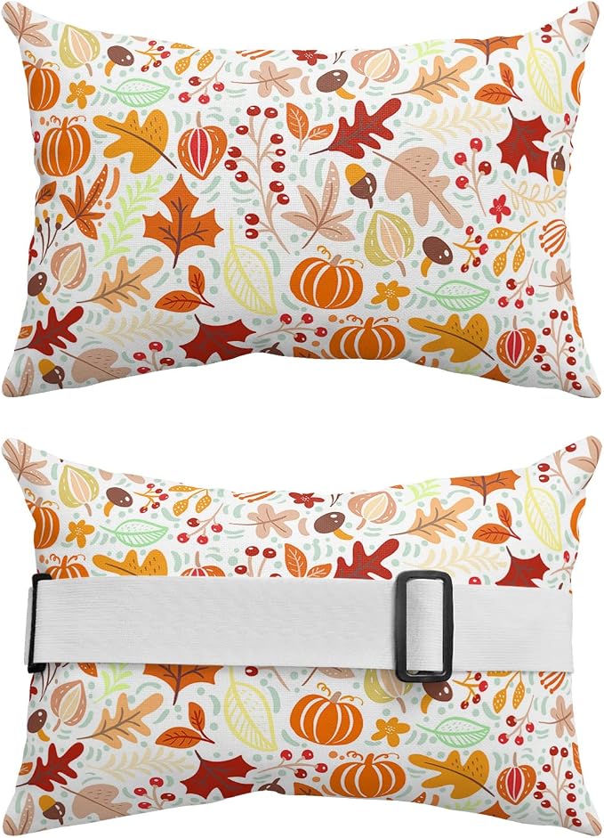 Outdoor Pillows Covers with Inserts Fall Cute Pumpkin Maple Thanksgiving Waterproof Recliner Pillow with Adjustable Strap Throw Pillows for Patio Furniture Pool Lounge Chair, 11x16 inch, 1PCS