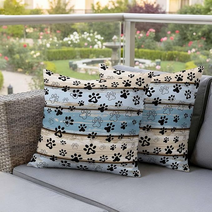 Outdoor Pillow Covers,Funny Dog Paw Farm Wood Grain Decorative Throw Pillow Cover Waterproof Pillowcase Set of 2,Linen Cushion Case for Sofa Couch Bed 18x18 Inch,Retro Blue Wooden