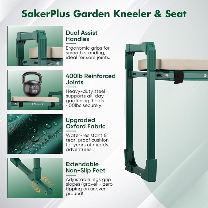 SakerPlus Garden Kneeler and Seat,Heavy Duty Foldable Garden Stool with 10-Inch Thickened Pad, Extendable Legs, Tool Bag and Storage Bag,Gardening Gift Choice for Women Mom Men Seniors