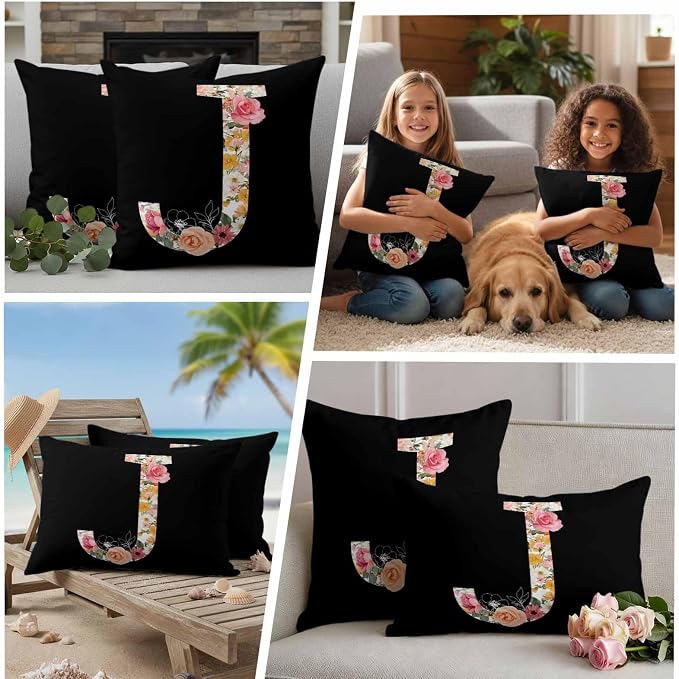 Black Letter J Flower Outdoor Pillow Covers Set of 2 Watercolor Alphabet J Pink Beige Floral Leaf Waterproof Throw Pillow Cover Decorative Cushion Cases for Patio Porch Garden 26X26 Inch