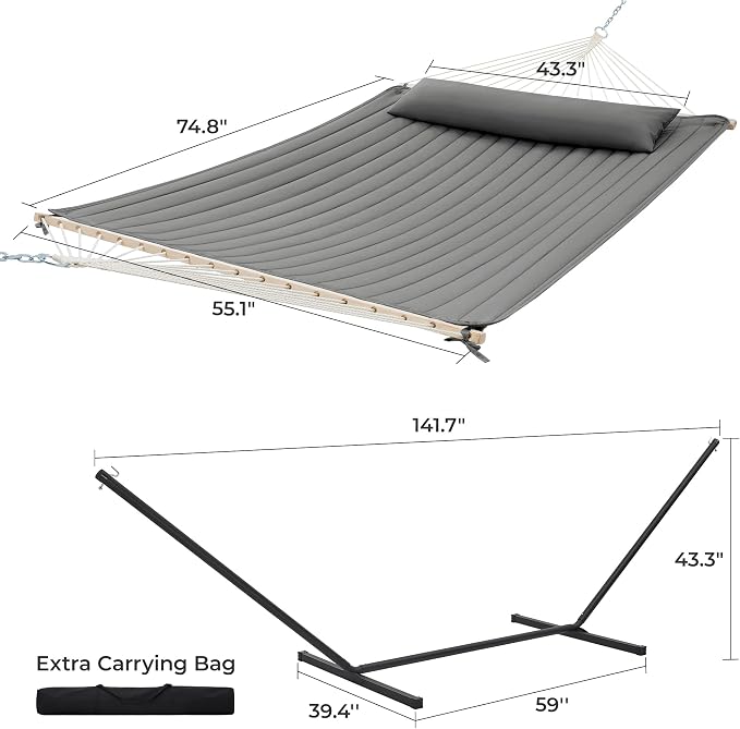 SUPERJARE 12ft Double Hammock with Stand, Rope Hammock for 2 Person, Detachable Hammock Bed and Pillow, Portable, Anti-Tip Safety Ropes, Carry Bag, Outdoor Backyard Patio Camping, Gray