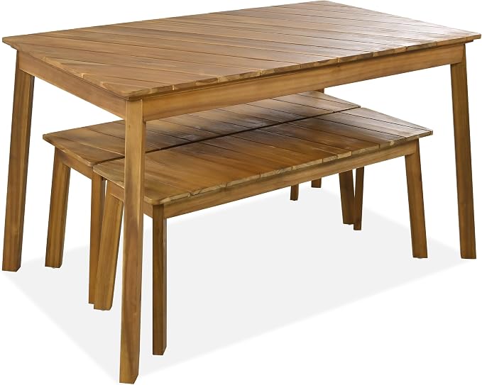 3 Pieces Acacia Wood Table Bench Dining Set for Outdoor & Indoor Furniture with 2 Benches, Picnic Beer Table for Patio, Porch, Garden, Poolside (Acacia Wood@231)