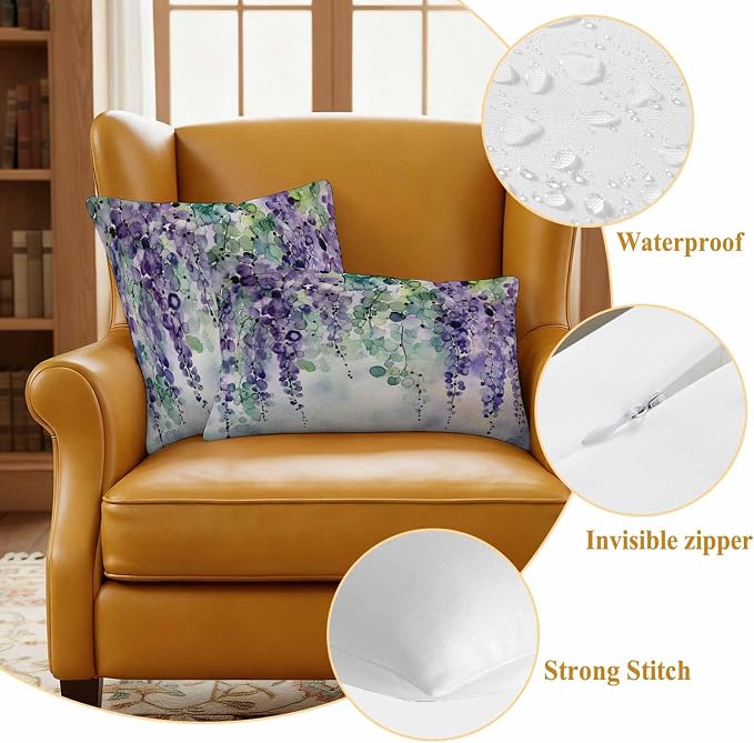 Purple Green Lavender Outdoor Pillow Covers Set of 2 Modern Abstract Romantic Watercolor Flower Leaf Waterproof Throw Pillow Cover Decorative Cushion Cases for Patio Porch Garden 20X20 Inch