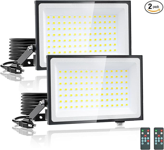 Onforu 100W Dusk to Dawn LED Outdoor Flood Light with Timer, 9000LM Adjustable Brightness Work Light, IP66 Waterproof Security Light with Plug for Yard 2 Pack