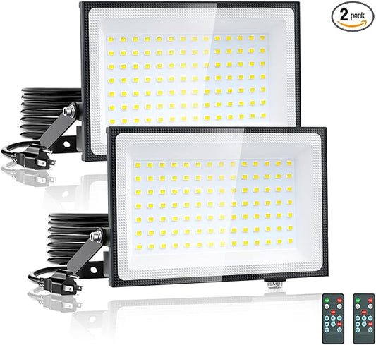 Onforu 100W Dusk to Dawn LED Outdoor Flood Light with Timer, 9000LM Adjustable Brightness Work Light, IP66 Waterproof Security Light with Plug for Yard 2 Pack