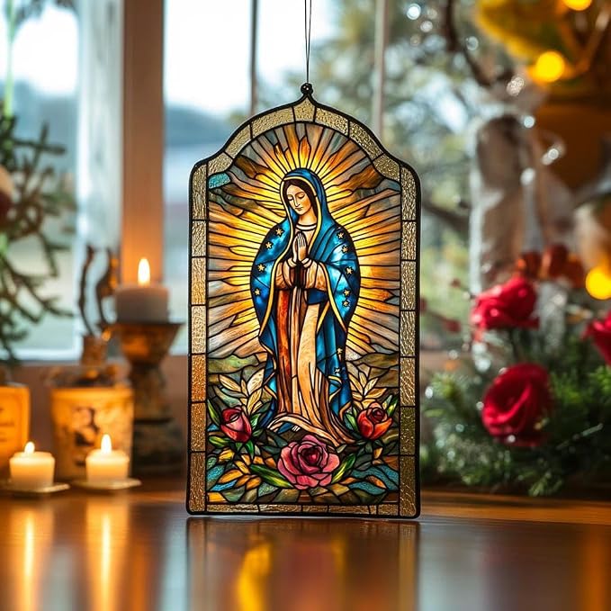 Our Lady of Guadalupe Acrylic Suncatcher, Suncatchers for Window Hanging Ornament, Christian Stained Glass Effect Art Garden Decor for Lover, Gifts for Mother's Day, Mom, Grandma, Wife, Women, Nana