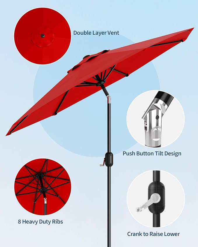 GarveeLife 9 ft Patio Umbrella, Outdoor Table Market Umbrella with Push Button Tilt and Crank, 8 Sturdy Ribs UV Protection Waterproof for Garden, Deck, Backyard, Pool (Red)