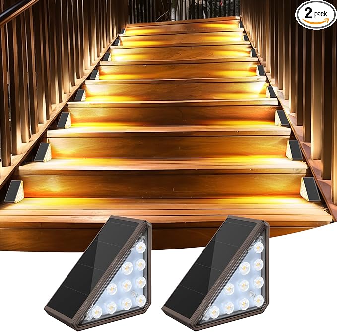 AUDLES 2 Pack Solar Stair Lights Outdoor Stair Lights with Waterproof IP67 LED Solar Light for Outside Light Decor for Deck, Front Step, Front Porch, Patio, Garden and Backyard (Brown)