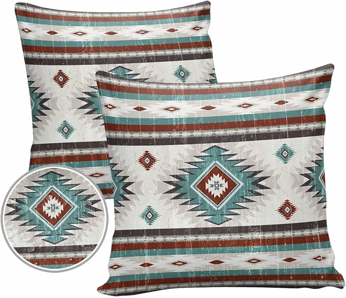 Outdoor Waterproof Throw Pillow Covers Set of 2 Teal Red Boho Aztec Pillowcases 16x16 Inches Southwest Tribal Geometric Patio Decorative Pillows Cushion Case Patio Pillows for Couch Bed Chair Garden
