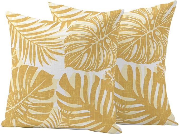 Yellow Palm Leaves Outdoor Pillow Covers 18"x18" Set of 2, Tropical Botanical Minimalist Modern Waterproof Throw Pillow Covers for Patio Furniture, Decorative Cushion Covers for Porch