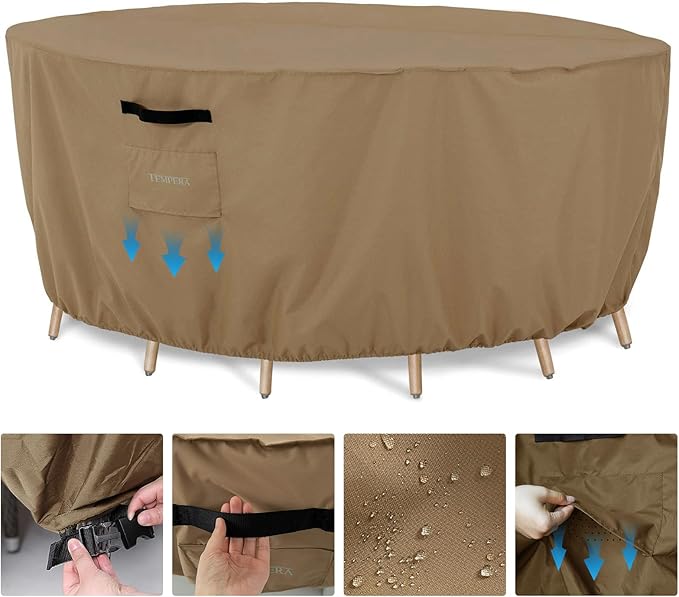 Tempera Patio Table Cover , Sectional Sofa , Dining Set Cover Outdoor , Anti-Fading , Waterproof for Outside Furniture, 110"D x 27.8"H, Taupe