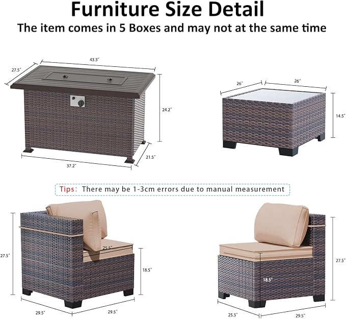 Outdoor Patio Furniture Set with Gas Fire Pit Table, 8 Pieces Outdoor Furniture Set Patio Sectional Sofa w/43in Propane Fire Pit, PE Wicker Rattan Patio Conversation Sets (Sand)