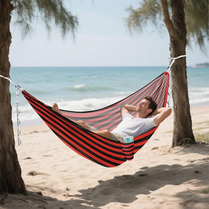 Camping Hammock Outdoor Hammocks for Outside Black Red Stripe Beach Trees Portable Lightweight with Pockets Tree Straps Indoor