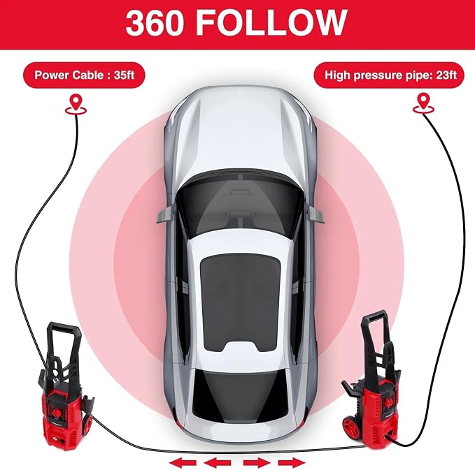 Electric Pressure Washer, 1850 PSI Max,3.0 GPM, 5" Wheels, 18M Cord/Hose Length Max, Power Washer for Patio, Car, Driveway, Fence & Home Cleaning
