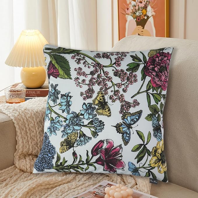 FUNHOME Water Resistant Outdoor Throw Pillows for Patio Furniture,18x18 Inch Decorative Pillows Set of 2 with Insert,Hidden Zipper Headrests for Sofa Couch Chair(Butterfly Flower)