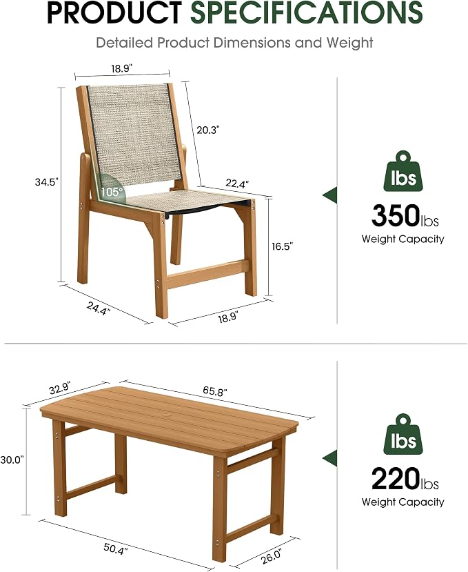 HDPE Outdoor Patio Dining Set with Table & 6 Stackable Armless Textilene Chairs, All-Weather 7-Piece Dining Table Set with Umbrella Hole, Patio Furniture for Garden, Poolside, Backyard, Deck | Teak