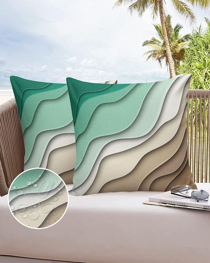 Outdoor Waterproof Pillow Covers for Patio Furniture Green Modern Geometric Decorative Throw Pillow Cover Brown Ombre Abstract Pillowcases Set of 2 Cushion Case for Sofa Couch 18 x 18 Inches