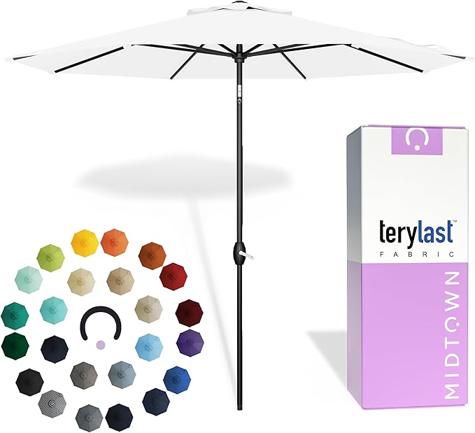 Midtown Umbrellas - 10-Year-No-Fade 8 Ft Patio Umbrella with Terylast Fabric, Auto-Tilt Aluminum Frame and 8 Reinforced Ribs for Deck, Pool, Garden & Beach - Ivory White Canopy, Black Pole