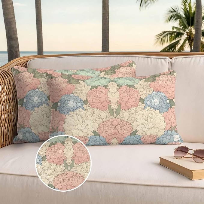 Botanical Flowers Waterproof Outdoor Pillow Covers Set of 2 Home Decor, Spring Colorful Garden Floral Plants Pillowcase Patio Pillow Covers for Couch Bench Furniture Garden 20x12in