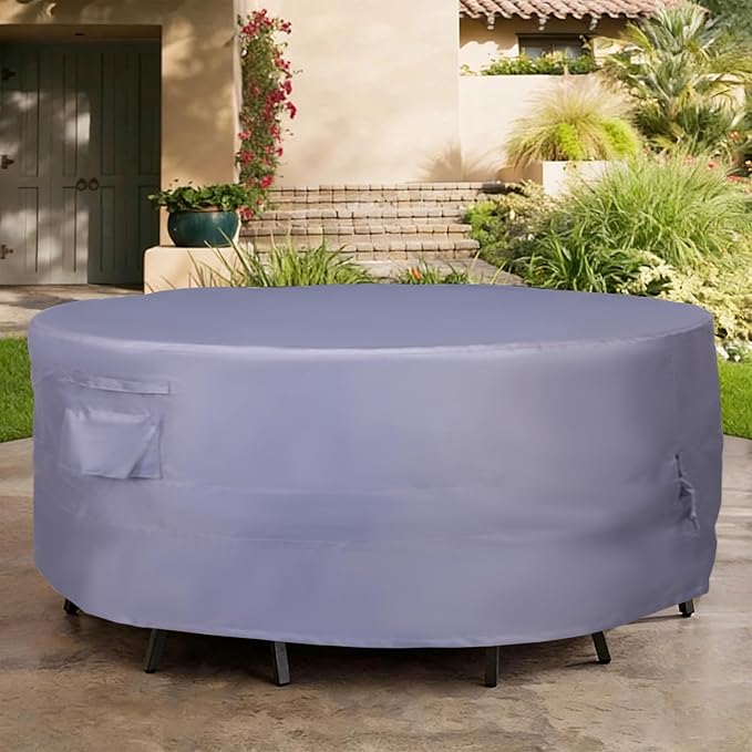 Round Patio Furniture Cover, Heavy Duty and Waterproof for Outdoor Furniture covers, Round outdoor table cover, Patio table cover 96"DIA x 31"H Grey