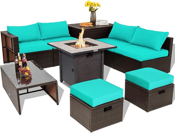 COSTWAY 9 Piece Patio Furniture Set with 30'' Fire Pit Table, Outdoor Wicker Rattan Sectional Sofa Set with 4'' Thickened Cushions, 2 Coffee Tables and 2 Ottomans for Poolside Backyard (Turquoise)