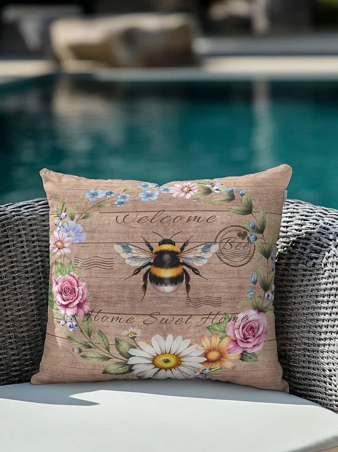 Outdoor Waterproof Throw Pillows Farmhouse Bee Flower Wreath Patio Pillows,Decorative Pillow Covers with Insert,Pillow Cushion Case for Garden Couch Sofa Farm Retro Wood Board