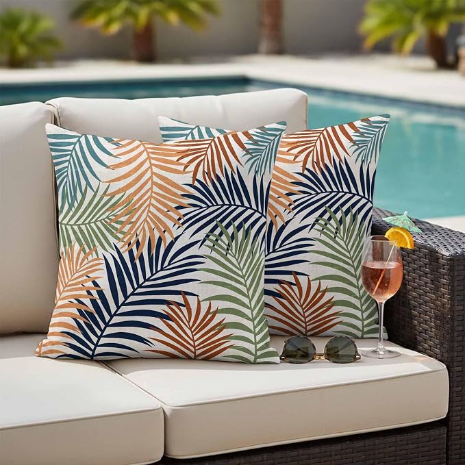 Red Green Navy Palm Leaves Outdoor Pillow Covers 20"x20" Set of 2, Summer Botanical Vintage Tropical Leaf Rustic Waterproof Throw Pillow Covers for Patio Furniture, Decorative Cushion Covers for Porch