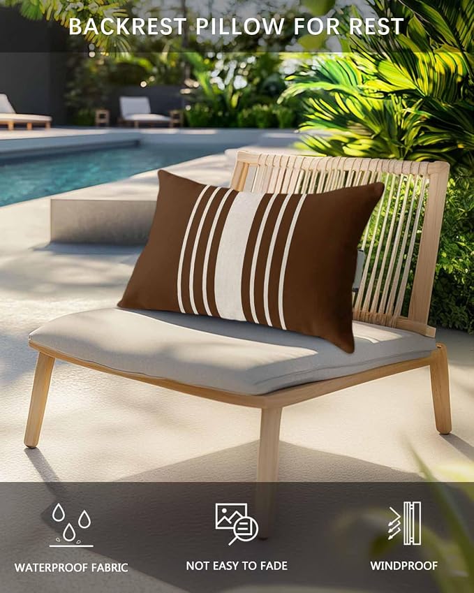 Pack of 4 Outdoor Lumbar Pillow Covers 12x20 Inch, Brown Beige Striped Waterproof Throw Pillow Covers Set, Modern Farmhouse Retro Lines Indoor&Outdoor Decorative Cushion Cases for Patio Porch Beach