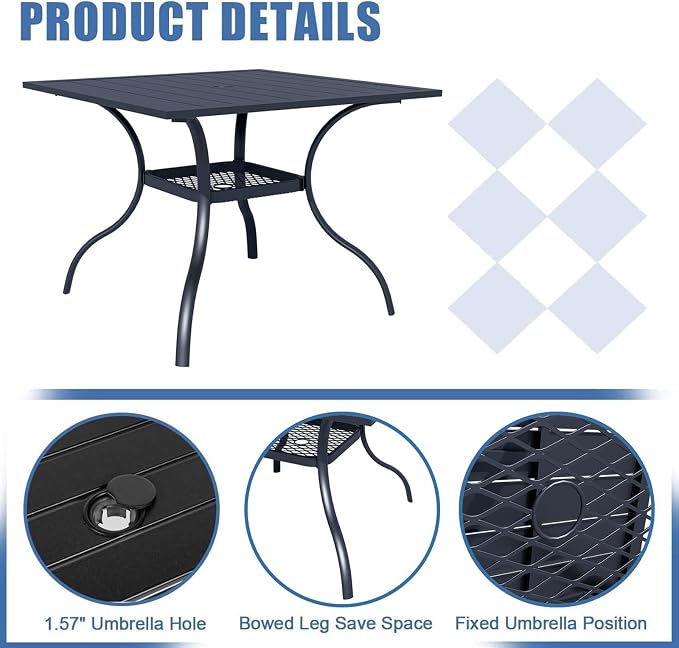 Crownland 5 Piece Patio Dining Set, 4 Swivel Metal Chairs and Square Outdoor Dining Table with Khaki 9FT Round Outdoor Umbrella (Metal Tabletop)