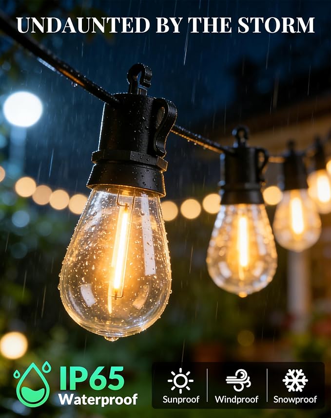 Outdoor String Lights Patio Light - 50Ft Outside Waterproof Dimmable Bulbs | S14 LED Remote Porch Light, Shatterproof Edison Bulbs Hanging Connectable Lighting for Gazebo Backyard Bistro Pergola, Timer