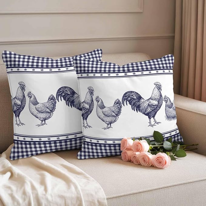 Navy Blue Rooster Outdoor Pillow Covers Waterproof, All Weather Cushion Case Set of 2, Vintage Farmhouse Blue Plaid Decorative Pillowcases for Sofa Couch Bed Decor Patio Furniture 16"x16"