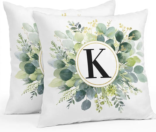 Letter K Waterproof Outdoor Pillow Covers Set of 2 Home Decor, Alphabet Green Eucalyptus Leaves Lumbar Pillowcase Patio Pillow Covers for Couch Bench Patio Furniture Garden 20x20in