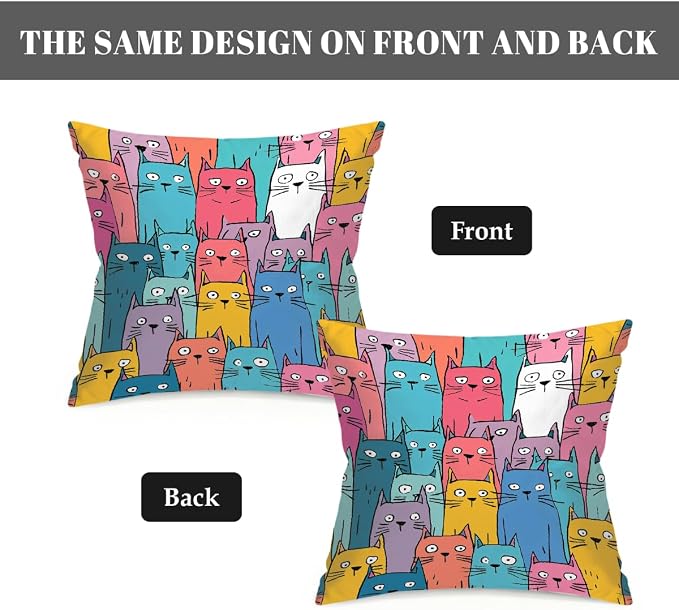 20x20 Inch Outdoor Pillow Covers Set of 2 Waterproof Throw Pillow Covers Decorative Couch Cushion Covers Colorful Cats Pattern Square Pillowcases Protectors for Patio Garden Sofa