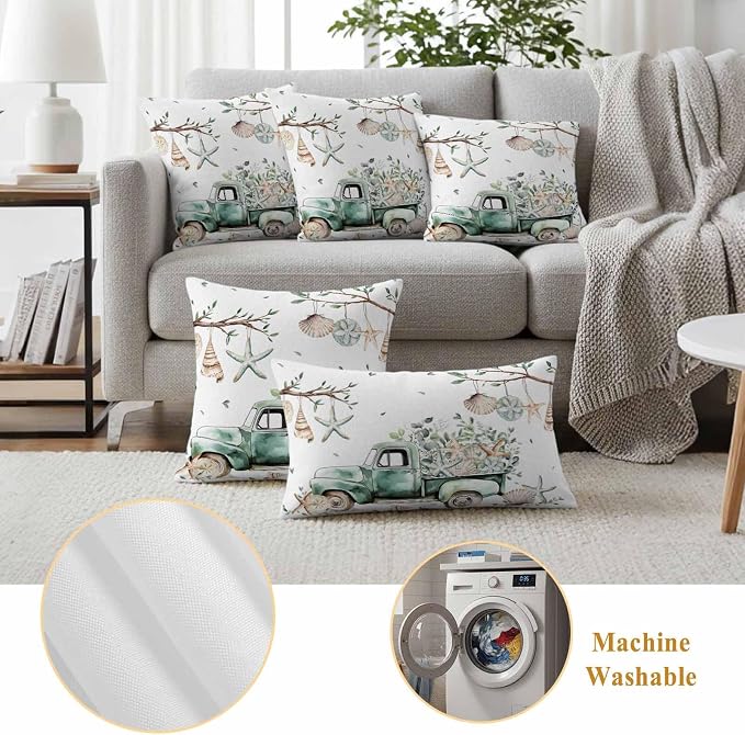 Sage Green Truck Outdoor Waterproof Throw Pillow Covers Set of 2, 18"x18", Ocean Starfish Shell Summer Leaf Decorative Pillow Covers Outside Cushion Case for Patio Porch Garden